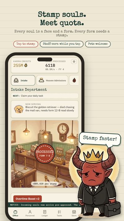 Afterlife Bureaucracy office screen with the stamp and hired staff