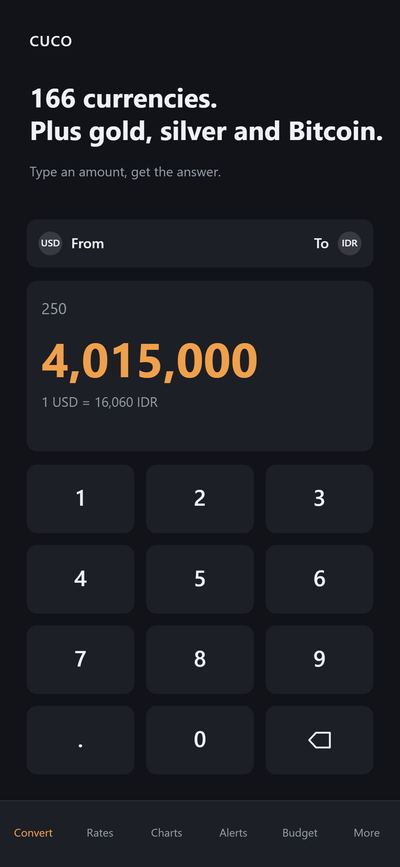 CUCO converter screen with keypad and two currencies