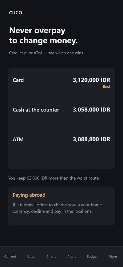 CUCO card, cash or ATM comparison screen