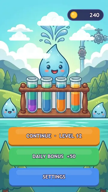 Decant home screen with a water drop mascot, a rack of test tubes and a Play button