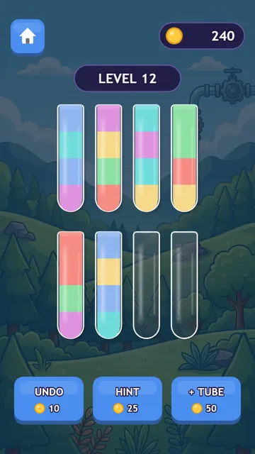 A level 12 board with eight tubes of mixed colors and Undo, Hint and extra tube buttons