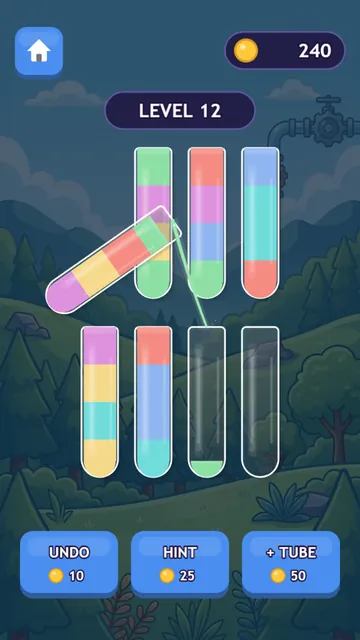 A tube tilted mid-pour with a stream of colored water