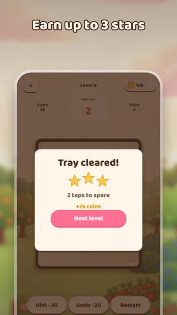 Tray cleared screen showing three stars