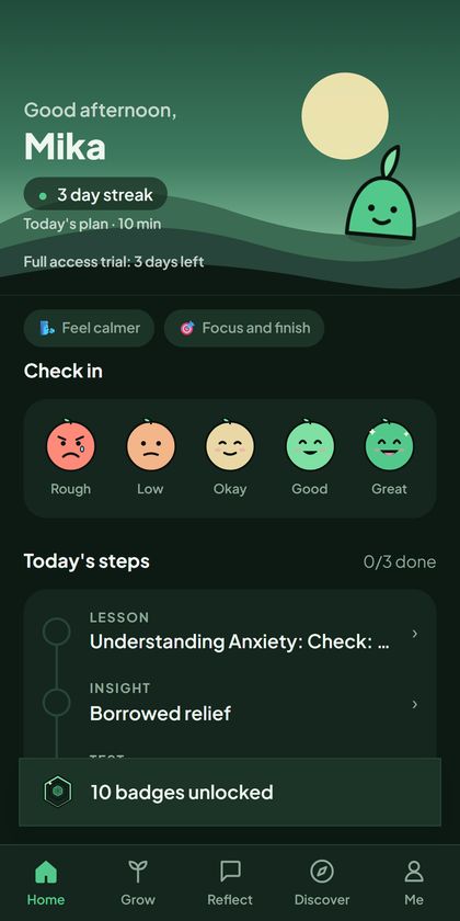 Smile home screen with a mood check-in, a three-day streak and today's steps