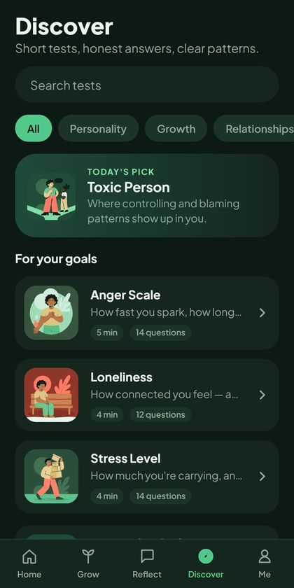 Discover screen listing short self-tests with time and question counts