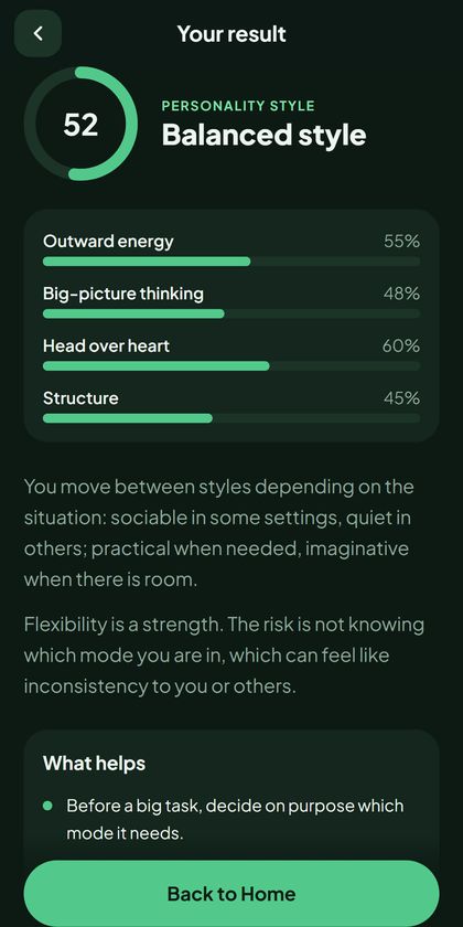 A self-test result screen with scores across everyday dimensions