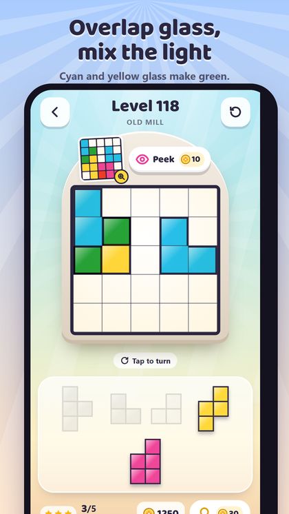 Level 118 of Sunpane with cyan, green and yellow glass panes on a grid