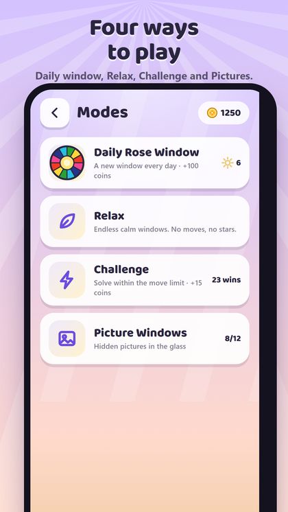 Sunpane modes screen: Daily Rose Window, Relax, Challenge and Picture Windows