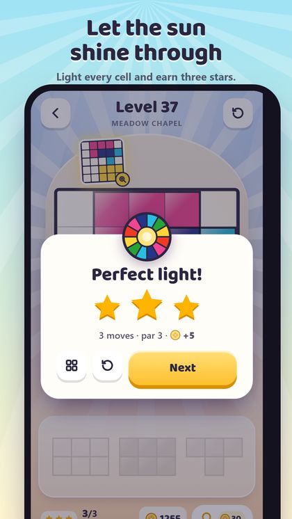 Perfect light result screen with three stars after Level 37
